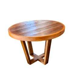Mesa de jantar redonda em madeira de demolição, 1,10 diâmetro, design artesanal e acabamento de alto padrão da Marcenaria Tiradentes.