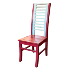 Cadeira Ripada com Encosto Alto e Acabamento Pátina Vermelha e Branca