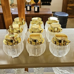 Porta Sabonete de Vidro Transparente com Tampa Dourada - Marcenaria Tiradentes - Móveis e Decoração Artesanais de alto padrão