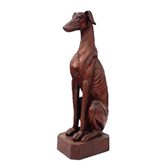 Escultura artesanal de Cachorro Whippet Galgo em Ferro Fundido para jardins, representando sofisticação e sustentabilidade da Marcenaria Tiradentes.