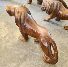 Escultura de leão médio em pé feita de Angelim Pedra encerado, destacando a arte e charme da peça.