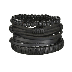 Imagen de Pulsera de cuero trenzado para hombre, brazalete con cuentas de madera (CMP BRZ1007)