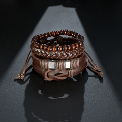 Imagen de Pulsera de cuero trenzado para hombre, brazalete con cuentas de madera (CMP BRZ1007)