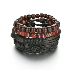 Pulsera de cuero trenzado para hombre, brazalete con cuentas de madera (CMP BRZ1007) - tienda en línea