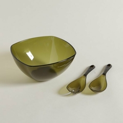 Set Ensaladera Cuadrada Con Cubiertos De Acrílico Olive 3.350ml