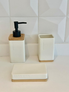 Set Para Baño 3 Piezas Cerámica Y Bambú