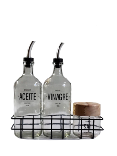 Set Aceitera, Vinagrera, Salero Cristal Con Tapa de Madera