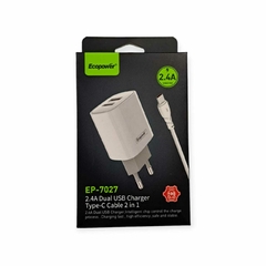 CARGADOR PARED RAPIDO DUAL USB TIPO C 2.4A ECOPOWER