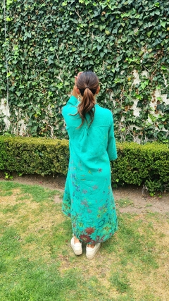 Vestido camisero lino floreado verde turquesa - comprar en línea