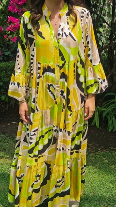 Maxi vestido estampado verde limón, amarillo, beige y negro - comprar en línea