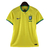 Camisa feminina amarela do Brasil, modelo 2022, com logo da CBF e detalhes em azul.