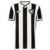 Camisa de torcedor do Botafogo, modelo 2024/2025, nas cores branca e preta, com listras verticais e escudo do time.