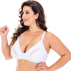 Sutiã Amamentação Plus Size Meia Taça de Algodão com renda decote-Branco-ST036PLUS