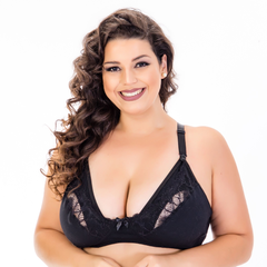 Sutiã Amamentação Plus Size Meia Taça de Algodão com renda decote-Preto-ST036PLUS - loja online