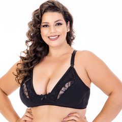 Sutiã Amamentação Plus Size Meia Taça de Algodão com renda decote-Preto-ST036PLUS - Le Moiselle íntima