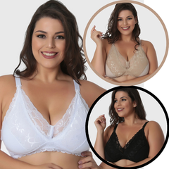 kit c/ 3-Sutiã Amamentação de Algodão com Renda Plus Size-Sem Bojo-Multicolorido-KIT03ST034PLUS