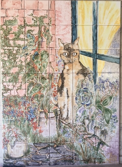 Gato Espiando - Painel em Azulejo Artesanal