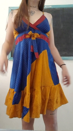 Vestido de seda hindú corto - Azul Amarillo