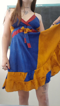 Vestido de seda hindú corto - Azul Amarillo - comprar online