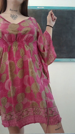 Vestido de seda hindú corto - Fucsia y oro - comprar online