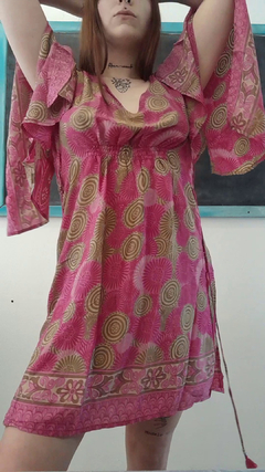 Vestido de seda hindú corto - Fucsia y oro - Álmica cosmética&deco