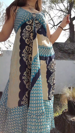 Vestido de seda hindú largo - Azul, crema y celeste