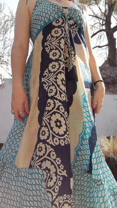 Vestido de seda hindú largo - Azul, crema y celeste - comprar online