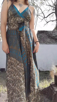 Vestido de seda hindú largo - Azul y musgo