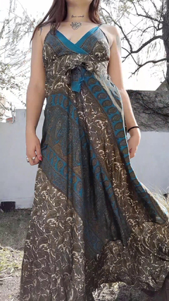 Vestido de seda hindú largo - Azul y musgo - comprar online
