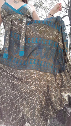 Vestido de seda hindú largo - Azul y musgo en internet