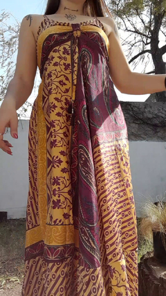 Vestido de seda hindú largo - Bordó y amarillo