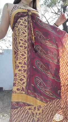 Vestido de seda hindú largo - Bordó y amarillo - comprar online