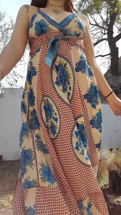 Vestido de seda hindú largo - Rojo, crema y azul - comprar online