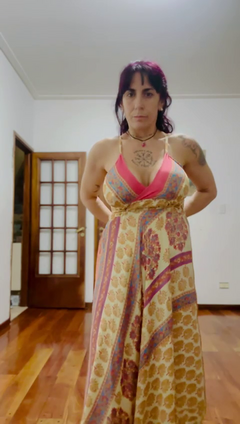 Vestido de seda Hindú largo - Amarillo con lineas diagonales en internet