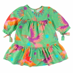 Vestido Manga Longa Infantil Color Girl Estampa Papagaio