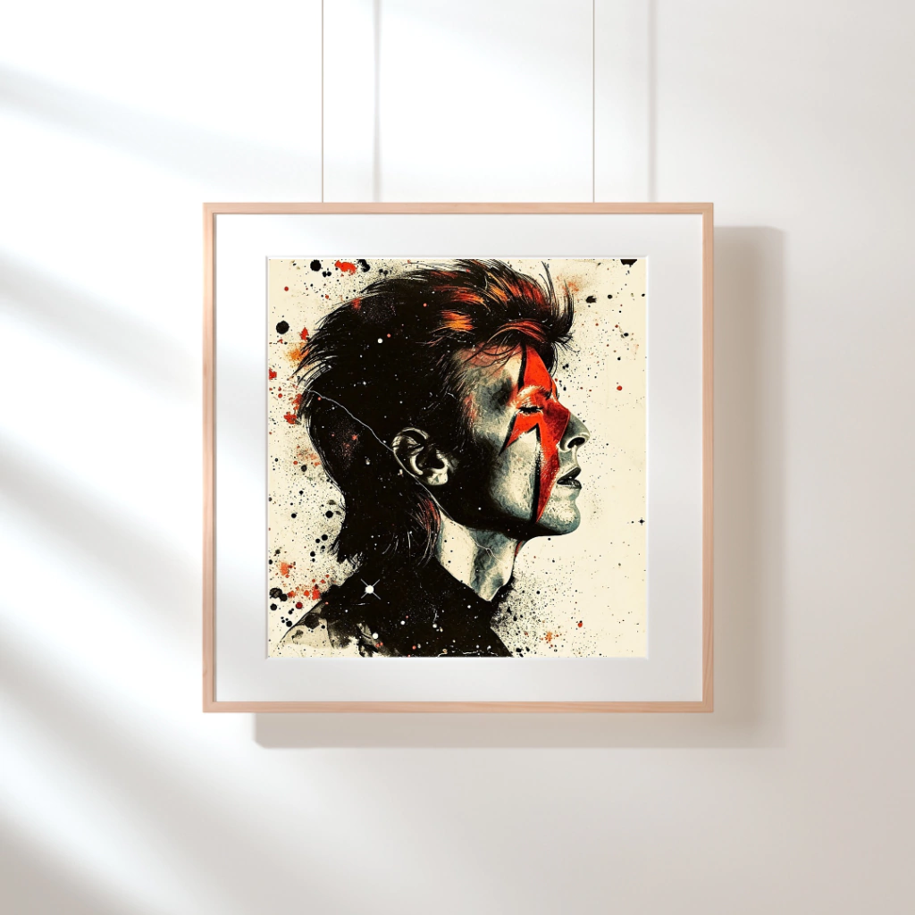 Quadro decorativo em uma moldura clara, pendurado em uma parede iluminada por luz natural. A obra de arte exibe um retrato estilizado e colorido de David Bowie de perfil, com um raio pintado em vermelho e azul atravessando seu rosto, sobre um fundo de salpicos de tinta preta e vermelha.