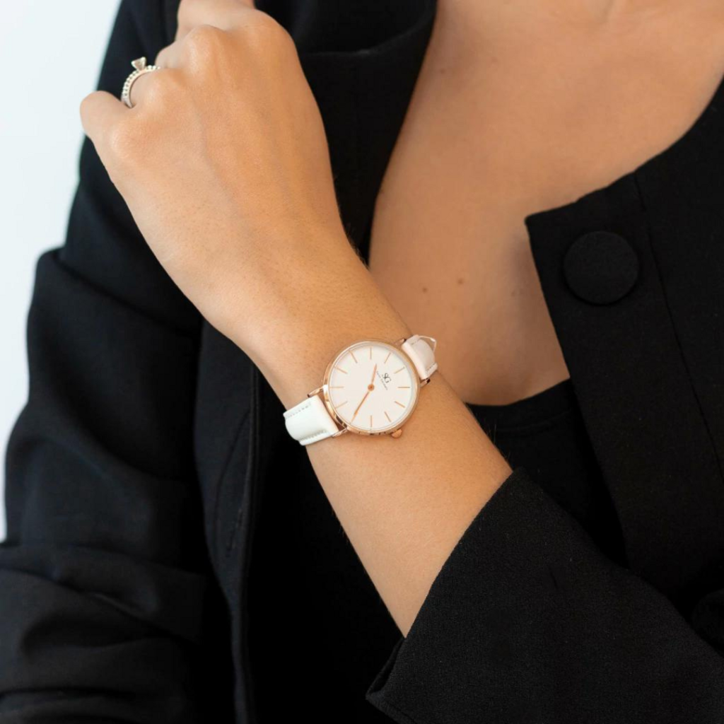 Relógio Feminino Branco Pulseira De Couro Queens Rosé Gold 40mm