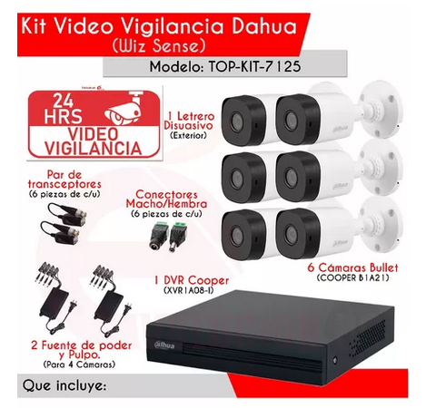 Kit Video Vigilancia Dahua Dvr 8 Canales 2mp 6 Camaras 1080p