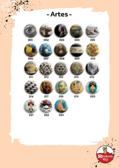 Catálogo de bottons e/ou imãs, com estampas de Obras de Arte.