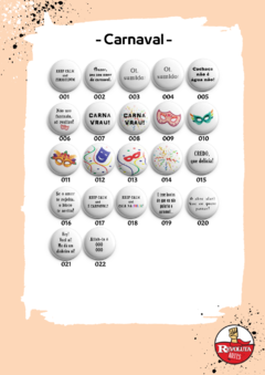 Catálogo de bottons e/ou imãs, com estampas de carnaval.