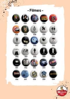 Catálogo de bottons e/ou imãs, com estampas de Filmes