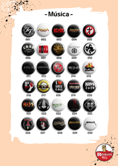 Catálogo de bottons ou imãs, estampas de música, bandas, cantores e cantoras.