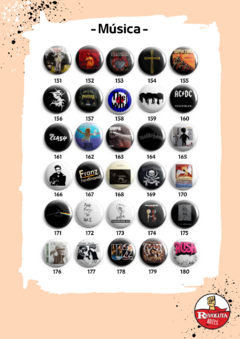 Catálogo de bottons ou imãs, estampas de música, bandas, cantores e cantoras.