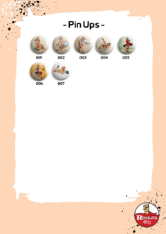 Catálogo de bottons e/ou imãs, com estampas de Pin Ups.
