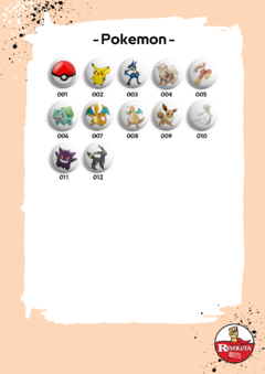Catálogo de bottons e/ou imãs, com estampas de Pokemon.