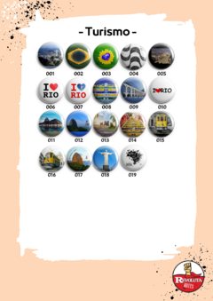 Catálogo de bottons e/ou imãs, com estampas de turismo.