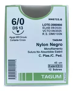 Sutura Nylon 6-0 DS13 45cm 1 aguja TAGUM Caja c/12pz