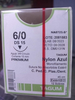 Sutura nylon 6-0 DS15 45cm 1 aguja TAGUM Caja c/12 pz