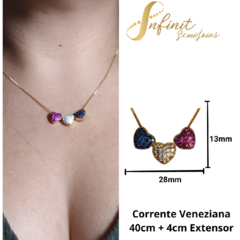 Gargantilha Corrente Veneziana 40+4cm e 3 pingentes de coração cravejados em zirconias REF.BA01 - Infinit Semijoias