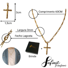 Corrente Figaro 3x1 60cm com Pingente Crucifixo Banhada a Ouro 18k+Pulseira Figaro Brinde